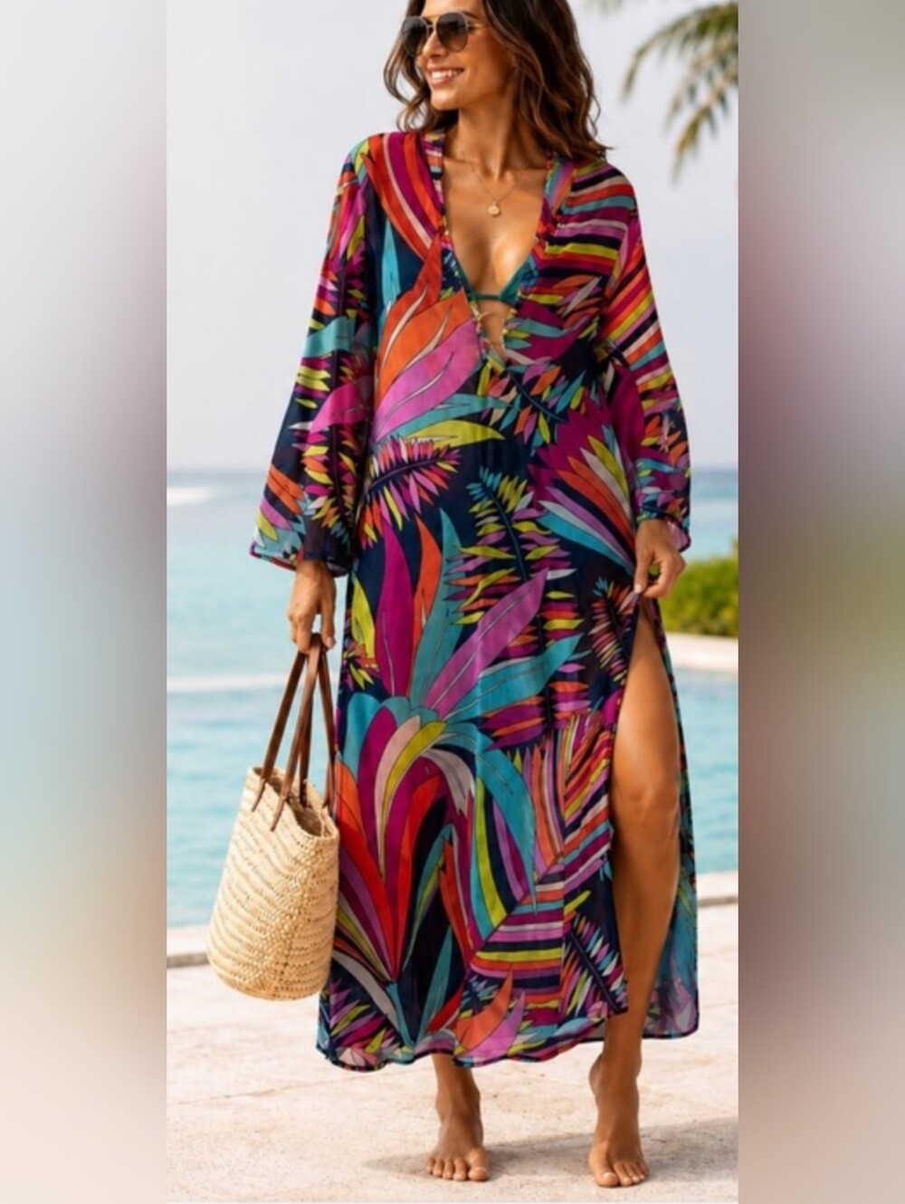 Trina Turk Maxi Sheer V-Neck Beach Dress in Multicolor NEW W TAG $178 Small - Picture 5 of 16